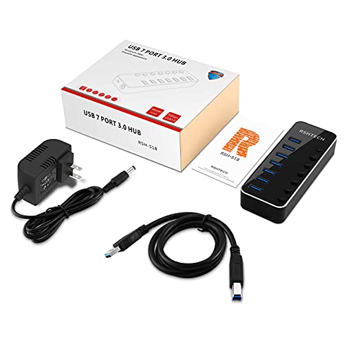 RSHTECH USB 3.0 Hub 7 Port Powered USB Hub Expander Aluminum USB 3.0 Data Port hub with Universal 5V AC Adapter and Individual On/Off Switches USB Splitter for Laptop and PC(Black)