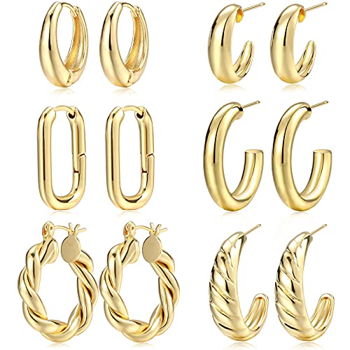 Gold Hoop Earrings Set for Women, 14K Gold Plated Lightweight Hypoallergenic Chunky Open Hoops Set for Gift (Gold)