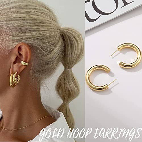 Gold Hoop Earrings Set for Women, 14K Gold Plated Lightweight Hypoallergenic Chunky Open Hoops Set for Gift (Gold)