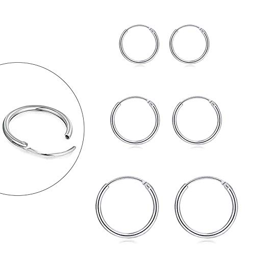 Sterling Silver Hoop Earrings for Women Men Girls, Hypoallergenic Cartilage Earring Endless Small Hoop Earrings Set, 3 Pairs Tragus Earrings (8mm/10mm/12mm)