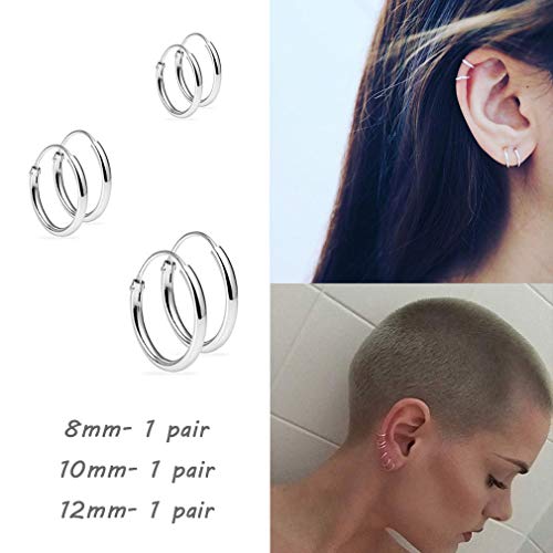 Sterling Silver Hoop Earrings for Women Men Girls, Hypoallergenic Cartilage Earring Endless Small Hoop Earrings Set, 3 Pairs Tragus Earrings (8mm/10mm/12mm)