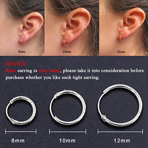 Sterling Silver Hoop Earrings for Women Men Girls, Hypoallergenic Cartilage Earring Endless Small Hoop Earrings Set, 3 Pairs Tragus Earrings (8mm/10mm/12mm)