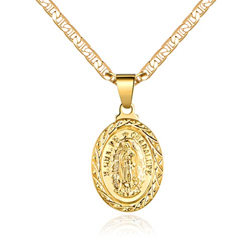Barzel 18K Gold Plated Flat Mariner/Marina 060 3MM Chain Necklace with Virgin Mary Guadalupe Charm Pendant (18)