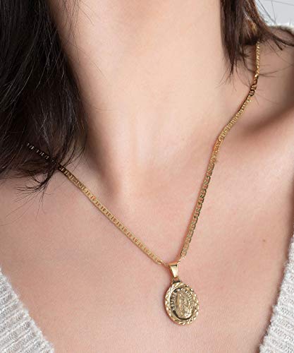Barzel 18K Gold Plated Flat Mariner/Marina 060 3MM Chain Necklace with Virgin Mary Guadalupe Charm Pendant (18)