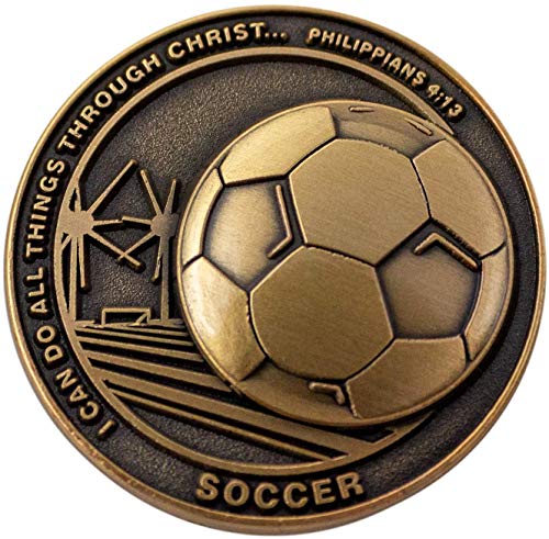 Christian Sports Coin for Young Athletes, for Boys and Girls, Gift for Soccer Players or Soccer Team, I Can Do All Things Through Christ, Antique Gold Plated Challenge Coin, Philippians 4:13