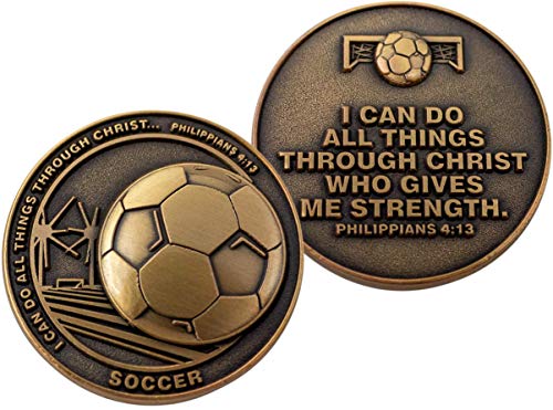 Christian Sports Coin for Young Athletes, for Boys and Girls, Gift for Soccer Players or Soccer Team, I Can Do All Things Through Christ, Antique Gold Plated Challenge Coin, Philippians 4:13