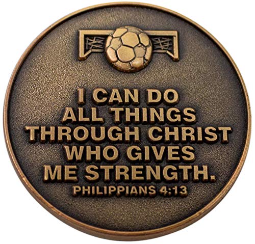 Christian Sports Coin for Young Athletes, for Boys and Girls, Gift for Soccer Players or Soccer Team, I Can Do All Things Through Christ, Antique Gold Plated Challenge Coin, Philippians 4:13