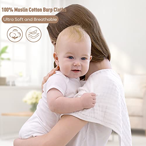 Muslin Burp Cloths for Baby 10 Pack 100% Cotton Baby Washcloths for Boys Girls Large 20''X10'' Super Soft and Absorbent by Yoofoss - White