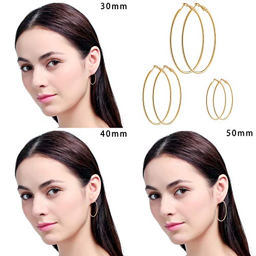 6 Pairs Stainless Steel gold silver Plated Hoop Earrings for Women Girls, Hypoallergenic Hoops Women's Earrings Loop Earrings Set (30.40.50mm)