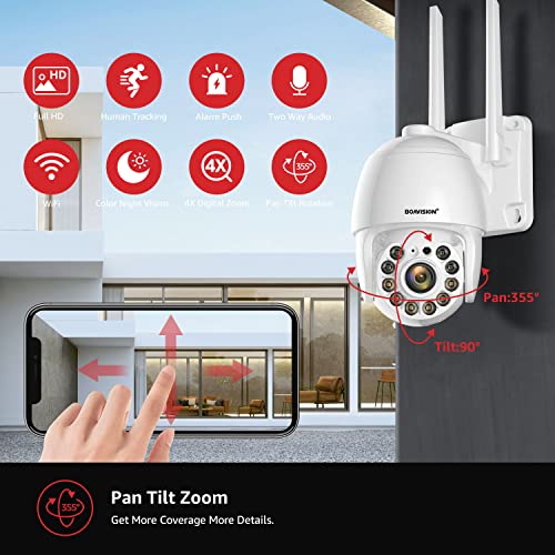 Security Camera Outdoor, Wireless WiFi IP Camera Home Security System 360Â° View,Motion Detection, auto Tracking,Two Way Talk,HD 1080P pan Tile Full Color Night Vision Boavision