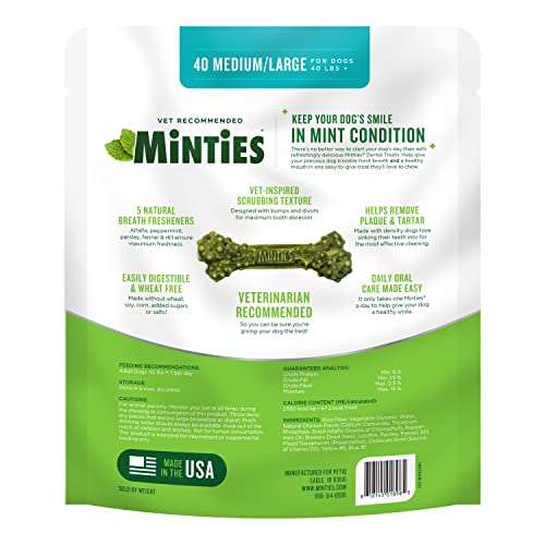 Minties VetIQ Dog Dental Bone Treats, Dental Chews for Medium/Large Dogs (Over 40 Lbs), 40 Count