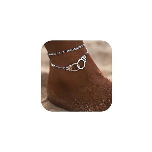 Dresbe Boho Layered Anklet Silver Handcuffs Anklets Beach Ankle Bracelet Fashion Foot Jewelry Chain for Women and Girls