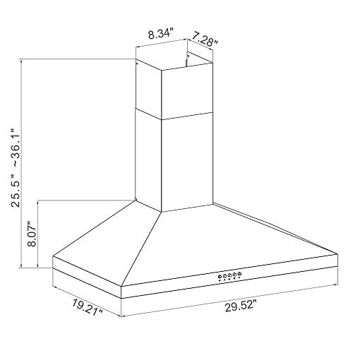 Winflo 30" Convertible Stainless Steel Wall Mount Range Hood with Stainless Steel Baffle filters or Mesh Filters, LED lights and 3 Speed Push Button Control (With 2pcs charcoal filters)