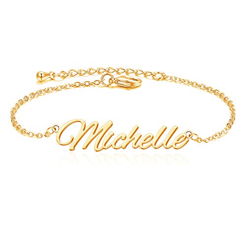 She1001 Personalized Name Anklet Bracelet for Women Custom Initial Link Bar Anklet Bracelet with Any Names 18k Gold Plated Customized Name Jewelry for Girls 6.7-10.7