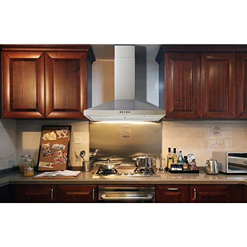 Winflo 30" Convertible Stainless Steel Wall Mount Range Hood with Stainless Steel Baffle filters or Mesh Filters, LED lights and 3 Speed Push Button Control (With 2pcs charcoal filters)