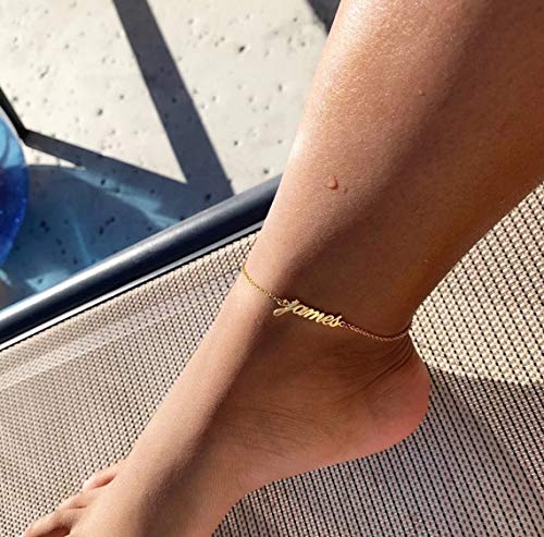 She1001 Personalized Name Anklet Bracelet for Women Custom Initial Link Bar Anklet Bracelet with Any Names 18k Gold Plated Customized Name Jewelry for Girls 6.7-10.7