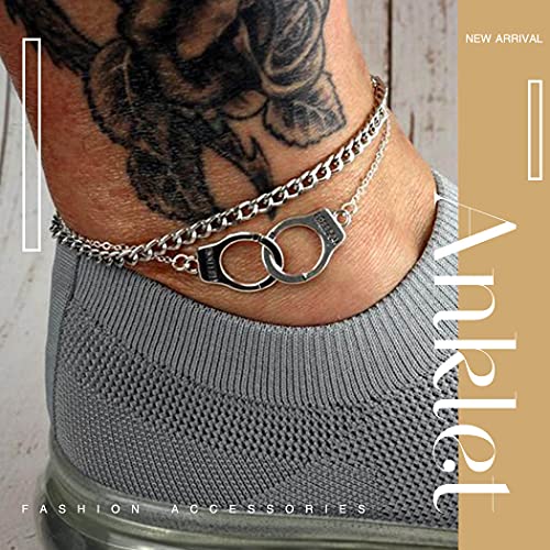 Dresbe Boho Layered Anklet Silver Handcuffs Anklets Beach Ankle Bracelet Fashion Foot Jewelry Chain for Women and Girls