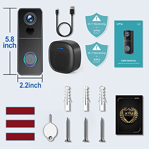 WiFi Video Doorbell Camera, XTU Wireless Doorbell Camera with Chime, 1080P HD, 2-Way Audio, Motion Detection, IP65 Waterproof, Cloud Storage and 32GB SD Card Included