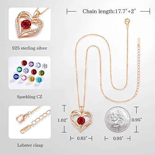 CDE Forever Love Heart Necklace 925 Sterling Silver Rose Gold Plated Birthstone Pendant Necklaces for Women with 5A Cubic Zirconia Jewelry Birthday Gift