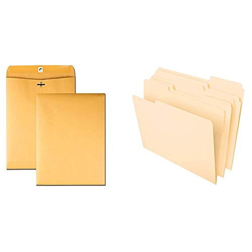Quality Park 9 x 12 Clasp Envelopes, Storing or Mailing Documents, 28 lb Brown Kraft, 100 per Box & Pendaflex File Folders, Letter Size, 8-1/2" x 11", 1/3-Cut Tabs, 100 Per Box