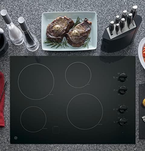 GE JP3030DJBB 30 Inch Smoothtop Electric Cooktop with 4 Radiant Elements, Knob Controls, Keep Warm Melt Setting, Black