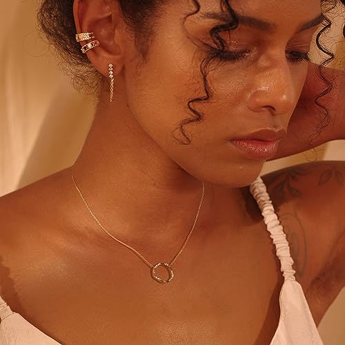 Open Circle Necklaces for Women Dainty Handmade 14K Gold Carved Round Pendant Minimalist Jewelry Mothers Day Jewelry Gift (Larger New Moon)