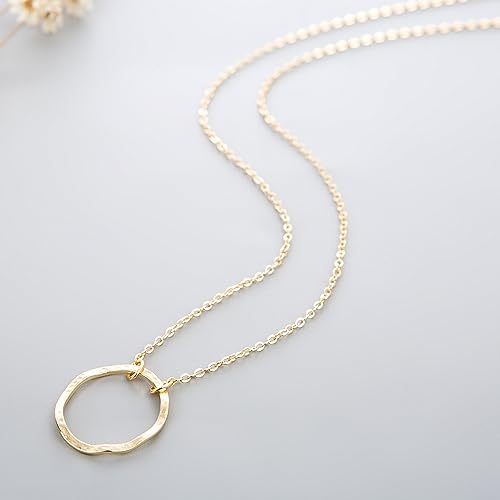 Open Circle Necklaces for Women Dainty Handmade 14K Gold Carved Round Pendant Minimalist Jewelry Mothers Day Jewelry Gift (Larger New Moon)