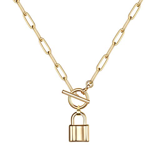 Turandoss Lock Necklace, 14K Gold Plated Padlock Necklace Dainty Link Chain Lock Pendant Necklace Mini Lock Choker Necklaces for Women