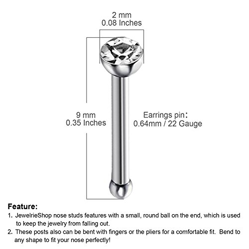 JewelrieShop 40pcs Nose Studs Stainless Steel CZ Nose Rings Stud Piercing Jewelry Bone Studs for Women Men Hypoallergenic 22G (2mm, Multi Colors)