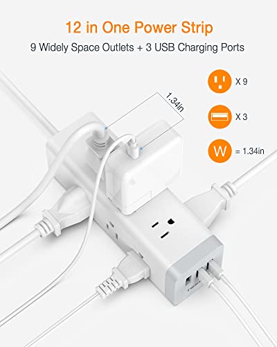 TESSAN Long Power Strip Surge Protector, Flat Plug Desktop Charging Station with 9 AC Outlets and 3 USB Ports, 6.5 FT Mountable Extension Cord 15A 1875W for Home, Office, Grey