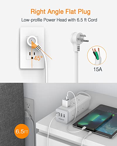 TESSAN Long Power Strip Surge Protector, Flat Plug Desktop Charging Station with 9 AC Outlets and 3 USB Ports, 6.5 FT Mountable Extension Cord 15A 1875W for Home, Office, Grey