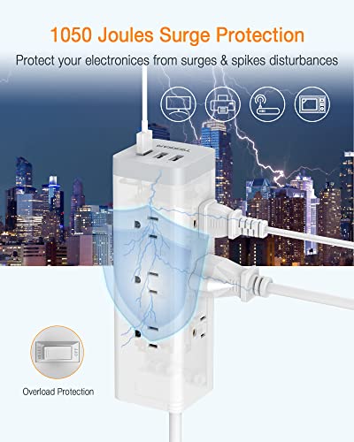 TESSAN Long Power Strip Surge Protector, Flat Plug Desktop Charging Station with 9 AC Outlets and 3 USB Ports, 6.5 FT Mountable Extension Cord 15A 1875W for Home, Office, Grey