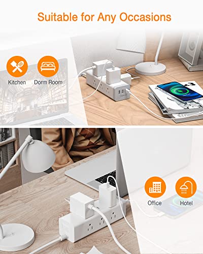 TESSAN Long Power Strip Surge Protector, Flat Plug Desktop Charging Station with 9 AC Outlets and 3 USB Ports, 6.5 FT Mountable Extension Cord 15A 1875W for Home, Office, Grey
