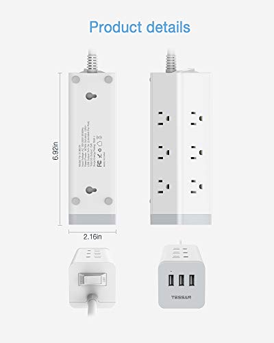 TESSAN Long Power Strip Surge Protector, Flat Plug Desktop Charging Station with 9 AC Outlets and 3 USB Ports, 6.5 FT Mountable Extension Cord 15A 1875W for Home, Office, Grey
