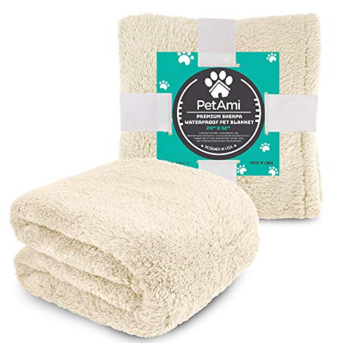 PetAmi Fluffy Waterproof Dog Blanket Fleece | Soft Warm Pet Fleece Throw for Small Dogs and Cats | Fuzzy Plush Sherpa Throw Furniture Protector Sofa Couch Bed (Beige Cream, 24x32)