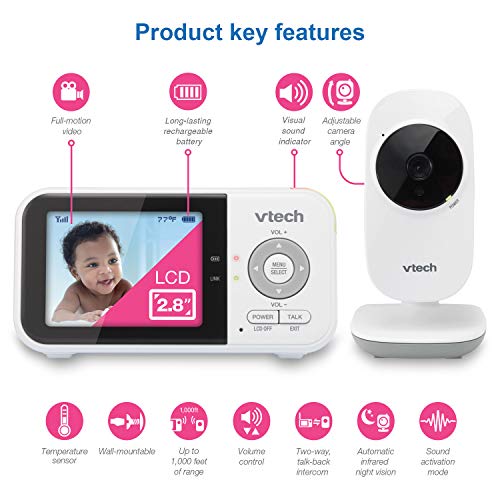 VTech VM819 Video Baby Monitor with 19-Hour Battery Life, 1000ft Long Range, Auto Night Vision, 2.8â Screen, 2-Way Audio Talk, Temperature Sensor, Power Saving Mode and Lullabies