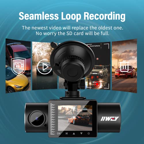 iiwey Dash Cam Front Rear and Inside 1080P Three Channels with IR Night Vision Car Camera SD Card Included Dashboard Camera Dashcam for Cars HDR Motion Detection and G-Sensor for Car, Taxi, Uber