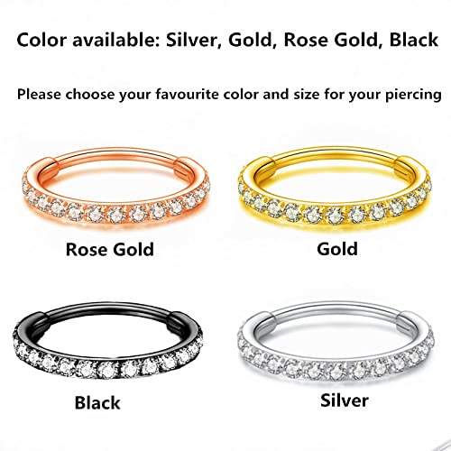 BLESSMYLOVE Clear CZ Silver 20G 8mm Nose Rings Hoop 316L Surgical Steel 20 gauge Cartilage Earrings Conch Daith Helix Rook Tragus Lobe Snug Body Piercing Jewelry Stainless Steel Hinged Segment Rings Lip Rings