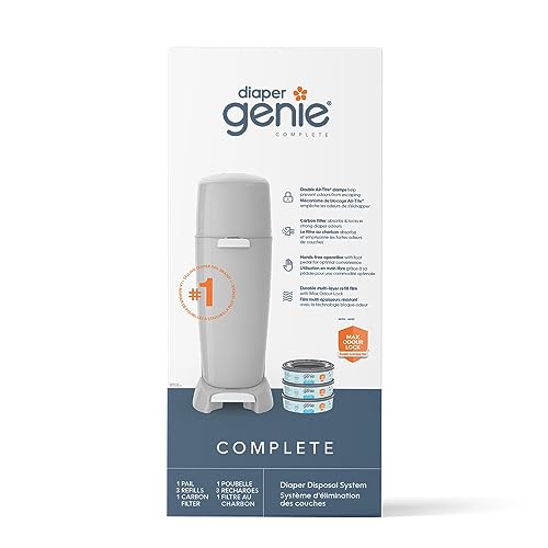 Playtex Diaper Genie Complete Diaper Pail, with Built-in Odor Controlling Antimicrobial, Includes 1 Pail and 3 Max Fresh Refills, Grey (10078300115998)