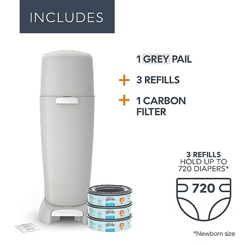 Playtex Diaper Genie Complete Diaper Pail, with Built-in Odor Controlling Antimicrobial, Includes 1 Pail and 3 Max Fresh Refills, Grey (10078300115998)