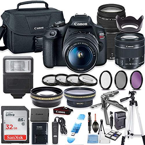 Canon EOS Rebel T7 Camera w/Canon EF-S 18-55mm is II Lens & 75-300mm f/4-5.6 III Lens + 32GB Sandisk Memory + Canon Case + High Speed Slave Flash + Commander Optics Accessory Bundle