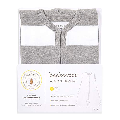 Burt's Bees Baby unisex baby Beekeeper Blanket, 100% Organic Cotton, Swaddle Transition Sleeping Bag Wearable Blanket, Rugby Stripe Heather Grey, Large US