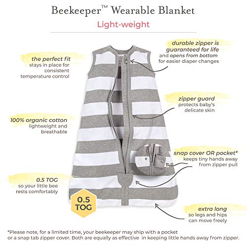 Burt's Bees Baby unisex baby Beekeeper Blanket, 100% Organic Cotton, Swaddle Transition Sleeping Bag Wearable Blanket, Rugby Stripe Heather Grey, Large US