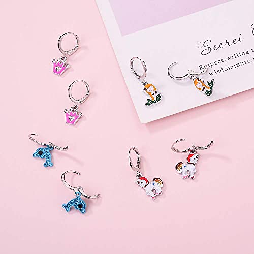 Bevan 12 Pairs Hypoallergenic dangle hoop earrings,Cute Multiple colour fox flower flag dangle hoop earrings for little girls and women