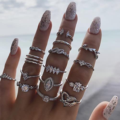 Simsly Vintage Kunckle Ring Stackable Silver Joint Nail Ring Crystal Knuckle Rings Set for Women and Girls?15PCS?