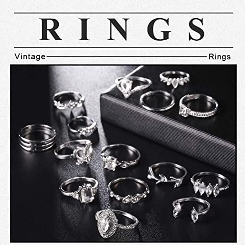 Simsly Vintage Kunckle Ring Stackable Silver Joint Nail Ring Crystal Knuckle Rings Set for Women and Girls?15PCS?