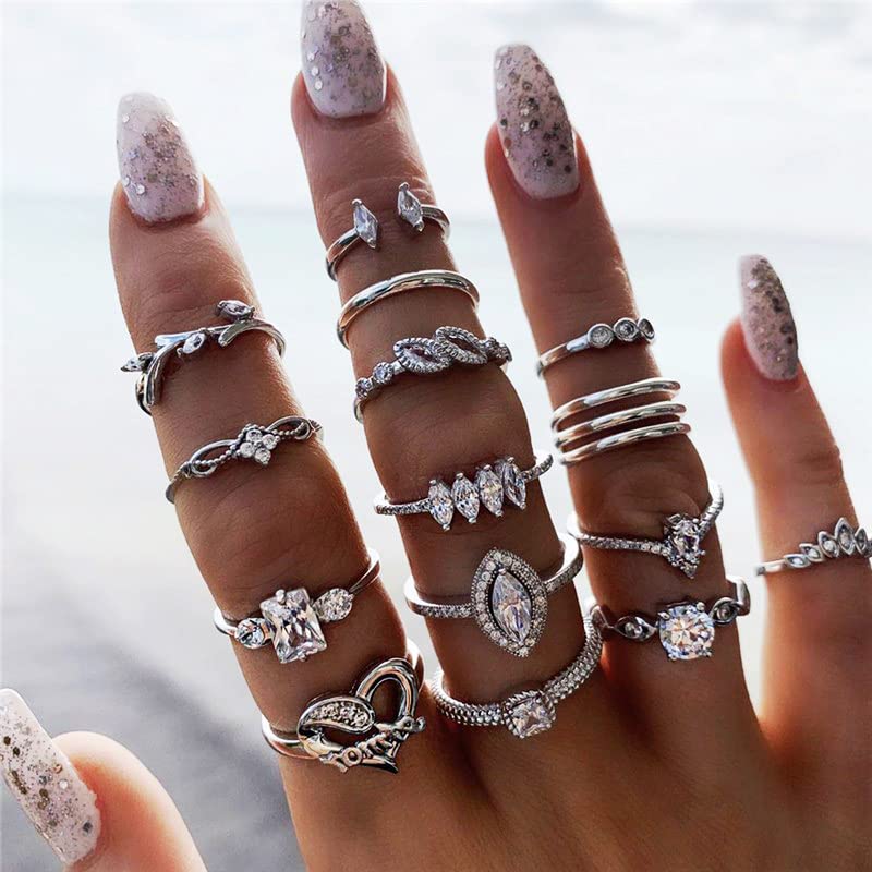 Simsly Vintage Kunckle Ring Stackable Silver Joint Nail Ring Crystal Knuckle Rings Set for Women and Girls?15PCS?