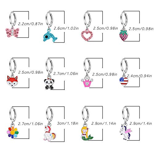 Bevan 12 Pairs Hypoallergenic dangle hoop earrings,Cute Multiple colour fox flower flag dangle hoop earrings for little girls and women