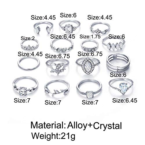 Simsly Vintage Kunckle Ring Stackable Silver Joint Nail Ring Crystal Knuckle Rings Set for Women and Girls?15PCS?