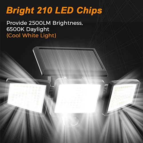 Solar Lights Outdoor, 210 LED 2500LM Solar Flood Security Lights with Motion Sensor Wireless 25FT IP65 Waterproof 3 Heads Spot Flood Wall Lights for Porch Garage Yard Entryways Patio (Black, 2pcs)